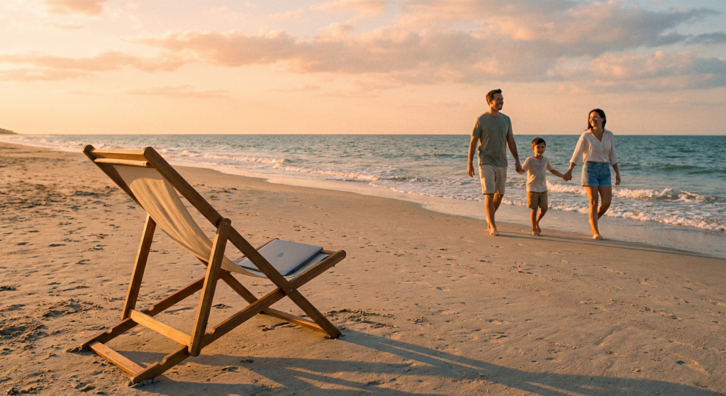 "A wide-angle landscape photograph of a family of three walking hand-in-hand along the shoreline of a sandy beach at sunset. In the foreground, a wooden beach chair holds a closed silver laptop. The sun casts a warm golden glow over the ocean, sand, and clouds, creating a tranquil scene."