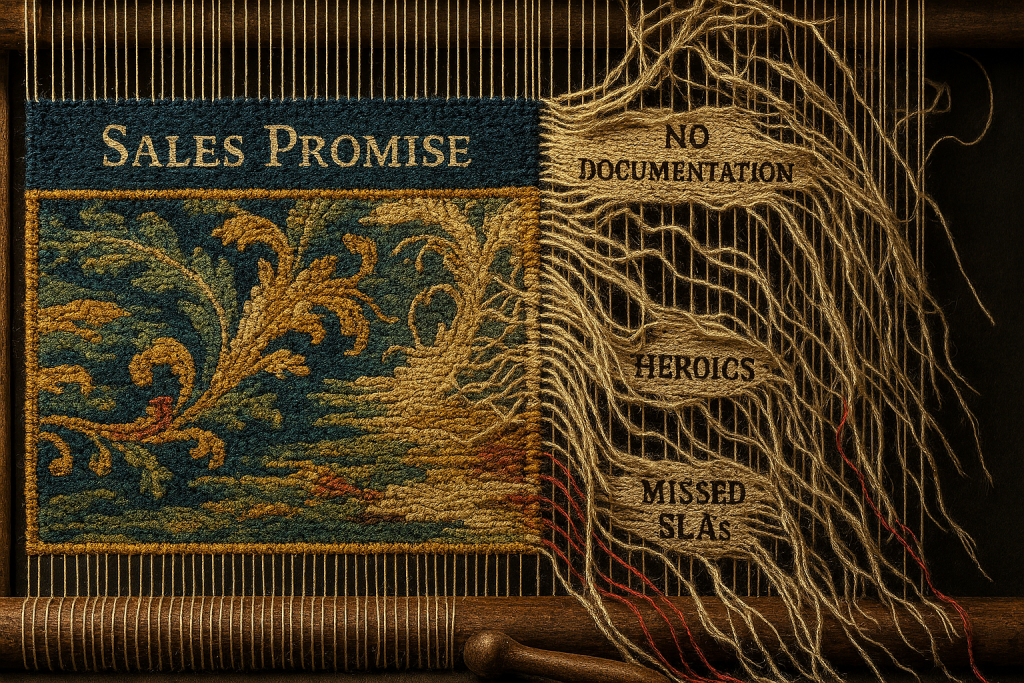 A tapestry, symbolizing an MSP's client relationship, is shown unraveling due to weak threads labeled "No Documentation" and "Inconsistent Service," illustrating how poor processes undermine client retention.