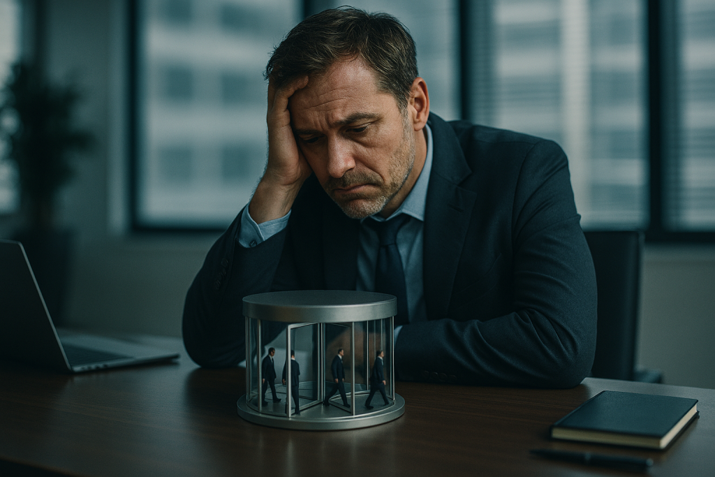 A business manager sits at a modern office desk, looking down with a frustrated and tired expression at a small, symbolic revolving door on the desk where miniature business figures are endlessly cycling through.