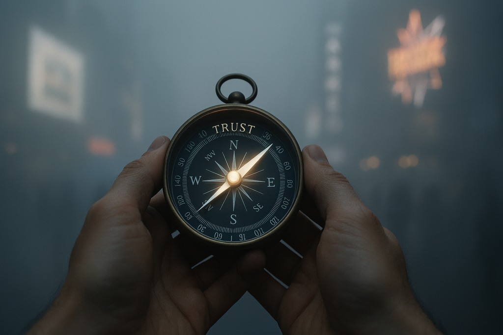 A compass pointing to TRUST symbolizes a better way to grow an MSP, offering clear direction away from the confusing fog of industry sales pitches.