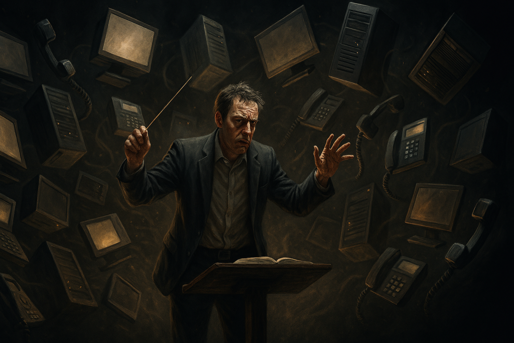 An MSP owner, looking exhausted, stands alone like an orchestra conductor, trying to direct a chaotic whirlwind of floating computer monitors and ringing phones, symbolizing the stress of being the bottleneck in their own business.