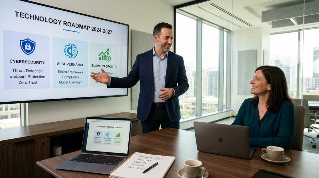 A confident MSP leader presenting a strategic technology roadmap to a business owner in a modern boardroom, representing what clients look for in a best-in-class managed service provider in 2026.