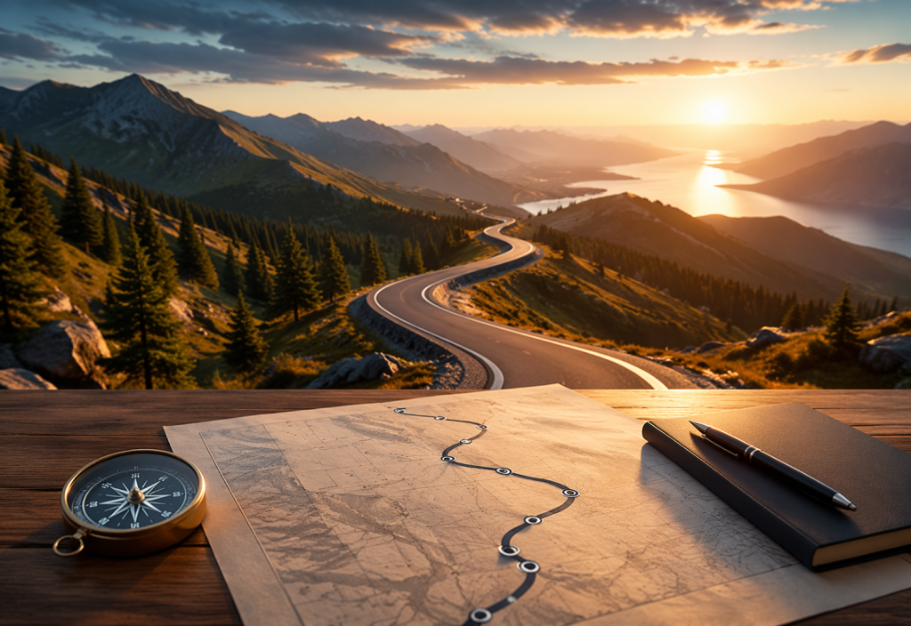 Winding mountain road leading into the sunrise with a strategic roadmap laid out on a table in the foreground
